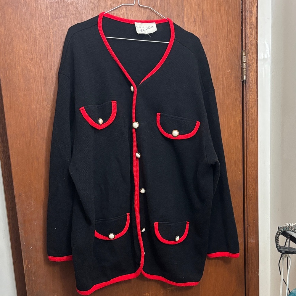 Vintage Channel Vibes Black Sweater with Red Trim